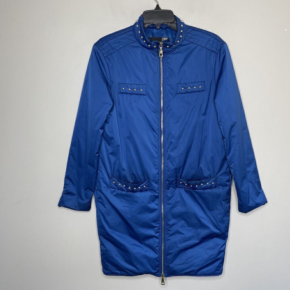 LOVE MOSCHINO Coat Womens 4 Cobalt Blue Gold Stud Full-Zip Pockets Midi Jacket